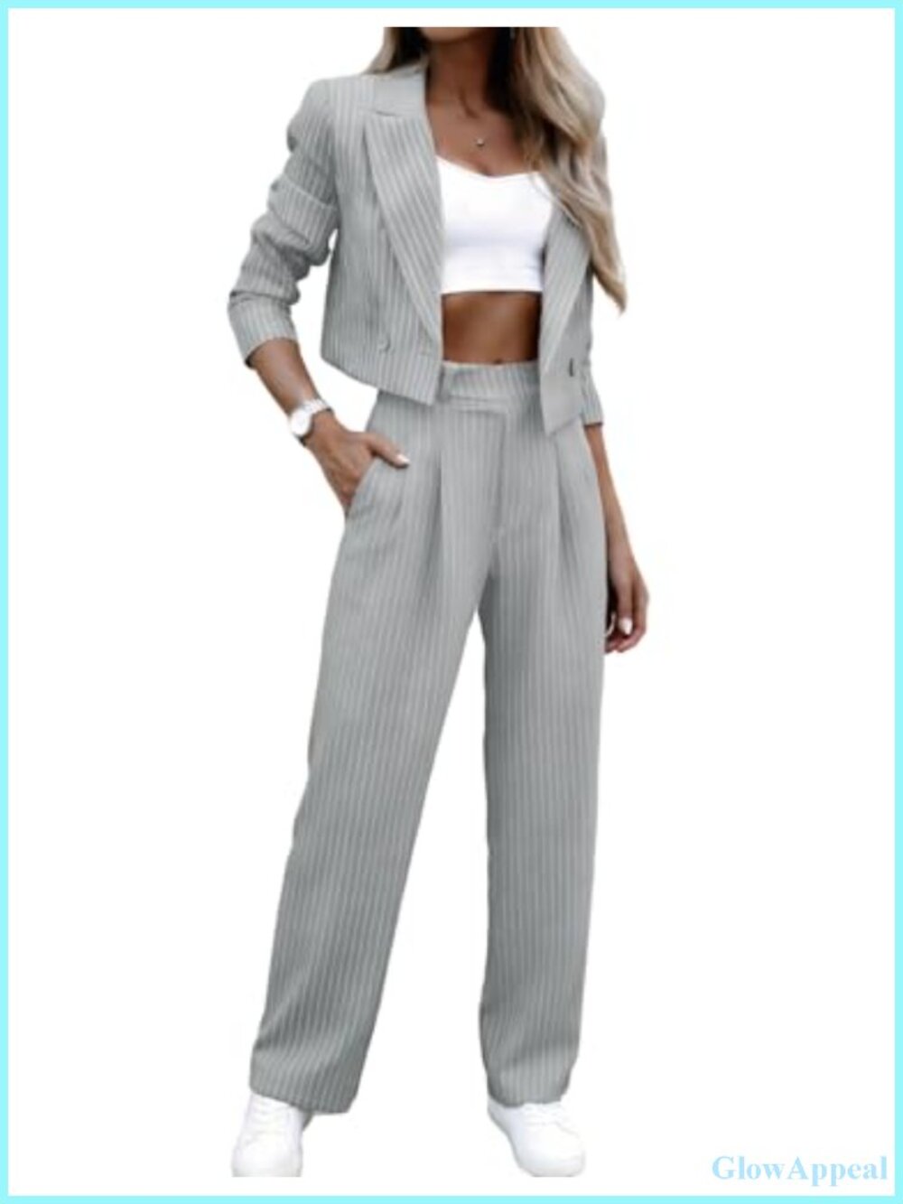Women's 2 Piece Pinstripe Blazer & Pants Set Cropped High Waisted Business